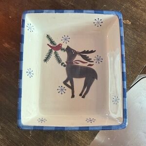 Festive Reindeer Ceramic Dish - Blue and Cream